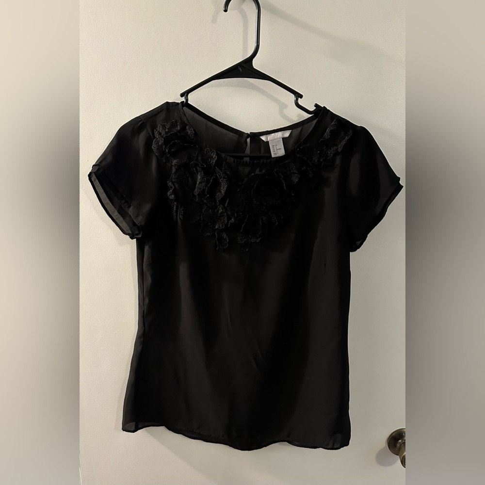 H&M. Black Chiffon Shirt with Floral Appliqué.